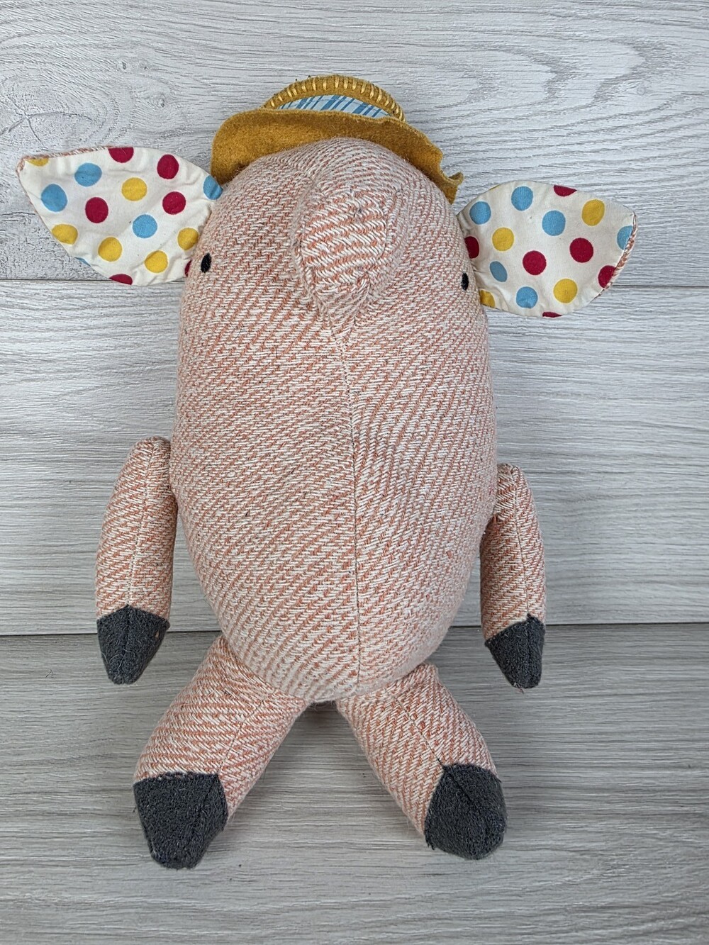 The Land of Nod Elephant Plush Stuffed Animal Herringbone Porkpie Pig 12" SU22